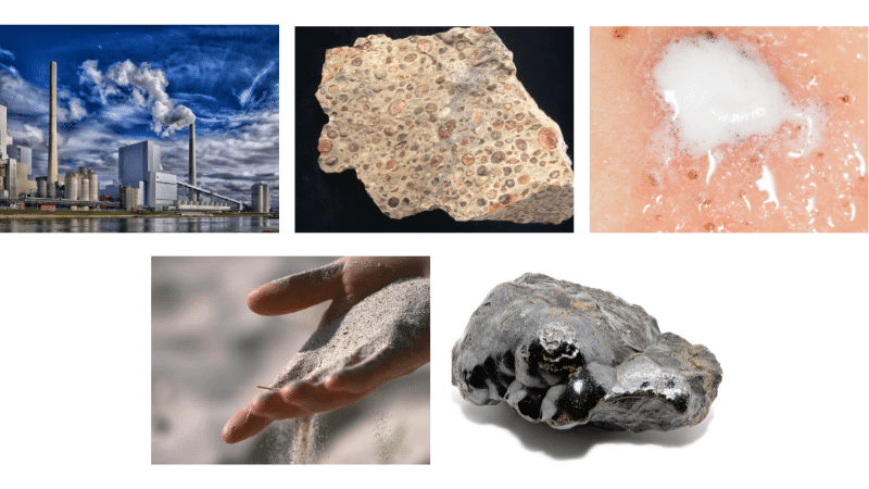 Imagens de óxidos observados no cotidiano:
1. uma indústria liberando CO2
2. bauxita
3. peróxido de hidrogênio sendo aplicado na pela 
4. mão pegando na areia 
5. pedra de hematita 